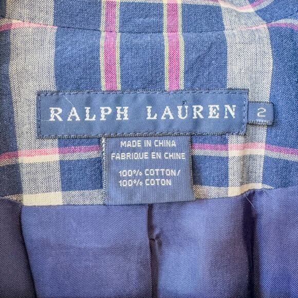 Ralph Lauren Plaid Jacket, Blue Label 100% Cotton w Shoulder Pads, Womens Size 2 - Picture 9 of 10